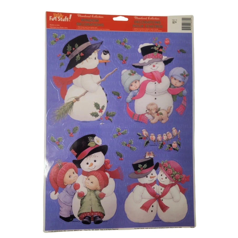 VTG Christmas Window Clings Lot of 3 Cute Baby Elves Santa Snowmen Holiday Decor